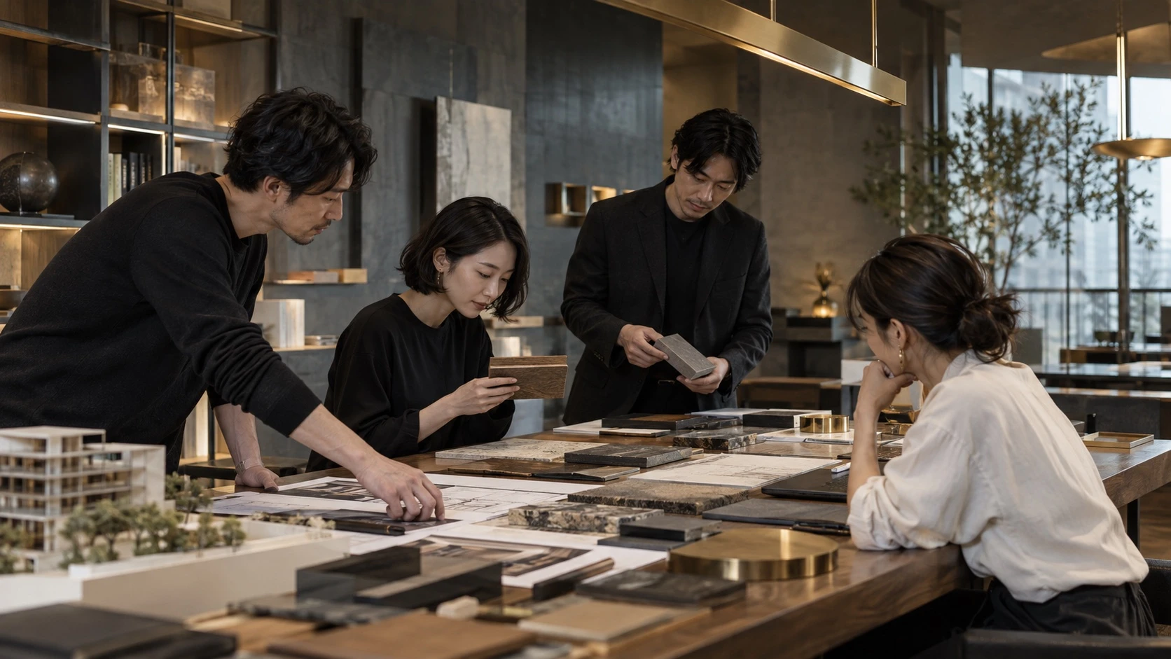 素材と設計図を囲んで打ち合わせするチームのイメージ